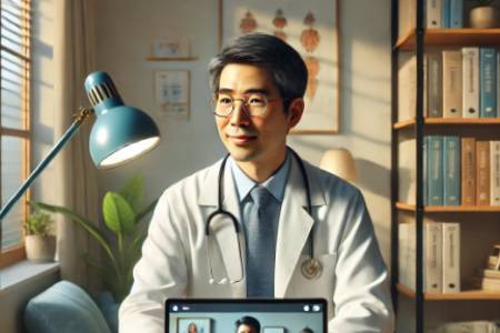 A smiling doctor in a white coat with a stethoscope, sitting at a desk with a computer showing a video call.