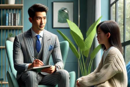 A doctor in a striped suit takes notes while talking to a girl in a cozy sweater. Green plants decorate the room. 