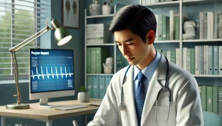 A male doctor in a white coat writing notes beside a computer showing a heart rate graph.