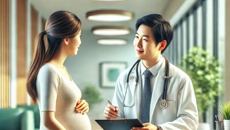 A doctor smiling at a pregnant woman, discussing health in a bright clinic. 