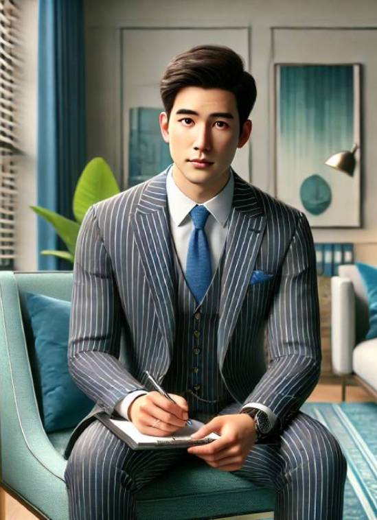 A man in a striped suit sits on a teal couch, writing in a notebook. 