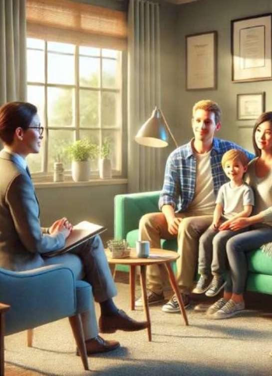 A family with a young child sitting on a teal couch, talking to a therapist in an office.