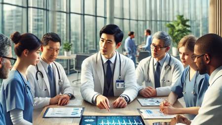 A group of six medical professionals in scrubs and lab coats discussing data on a table in a modern office. 