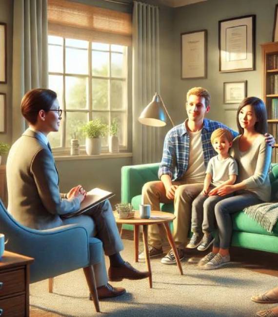 A family with a young child sitting on a teal couch, talking to a therapist in an office. 